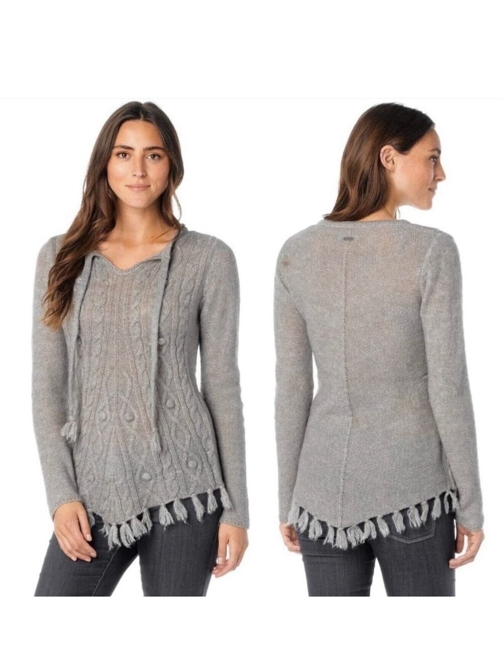 PrAna Gray PRANA Shelby Wool Blend Poncho Fringe Sweater Size S Small Tie Neck